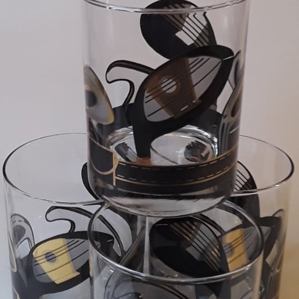 VINTAGE BLACK AND GOLD GOLF CLUB DOUBLE OLD FASHION GLASSES (Set of 4)